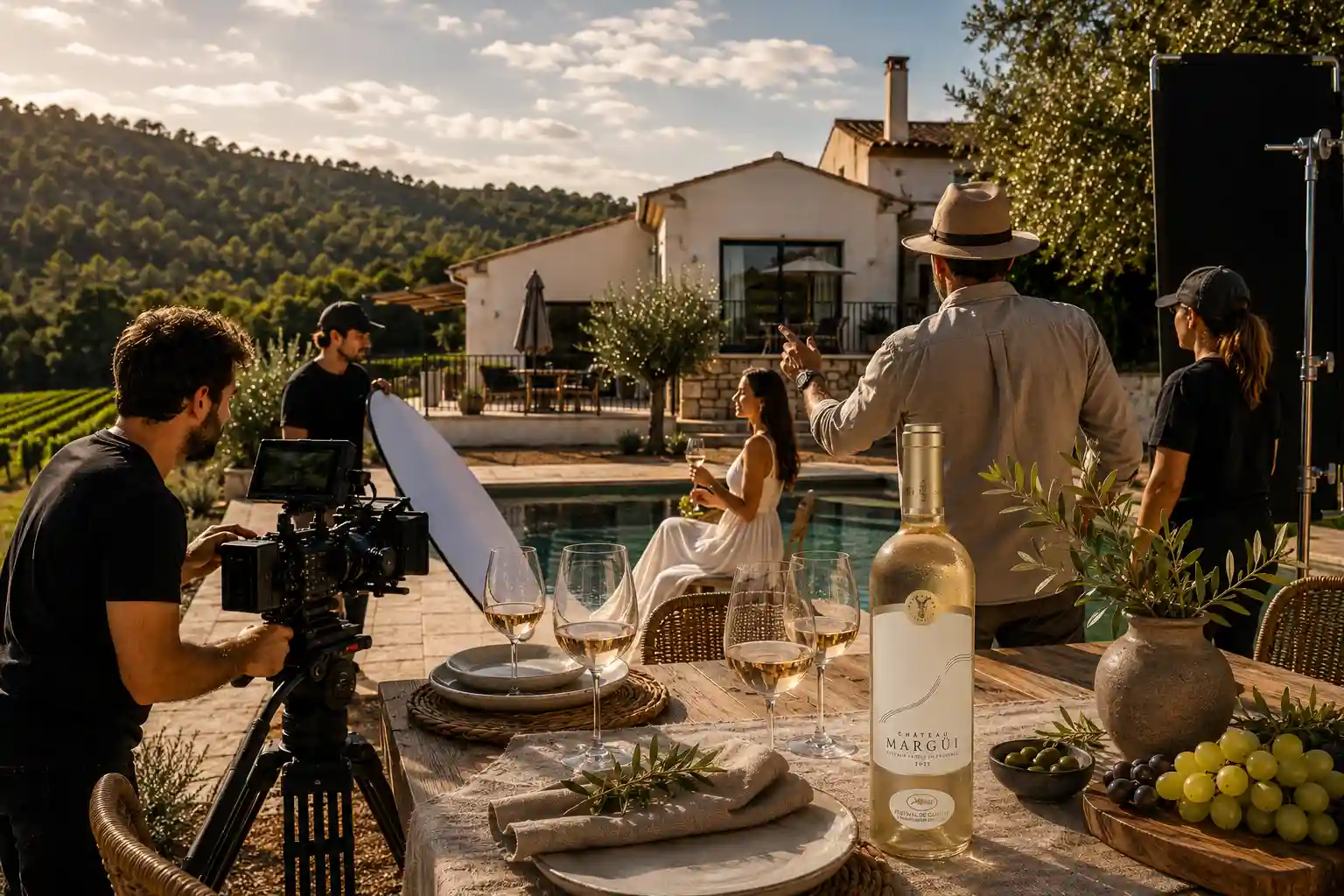 Équipe de tournage filmant une dégustation de vin blanc au bord de la piscine