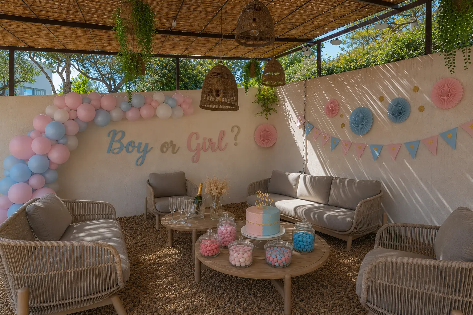 Pergola décorée pour une gender reveal avec arche de ballons et gâteau