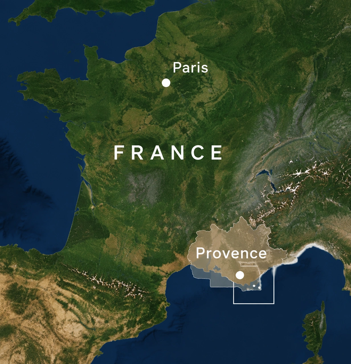 Carte satellite de la France avec Paris et la région Provence mise en évidence
