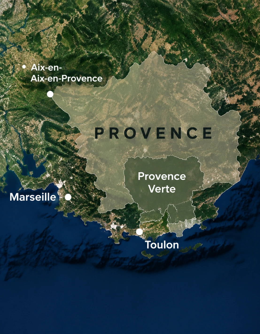 Carte de la Provence avec la Provence Verte mise en évidence, entre Aix-en-Provence, Marseille et Toulon