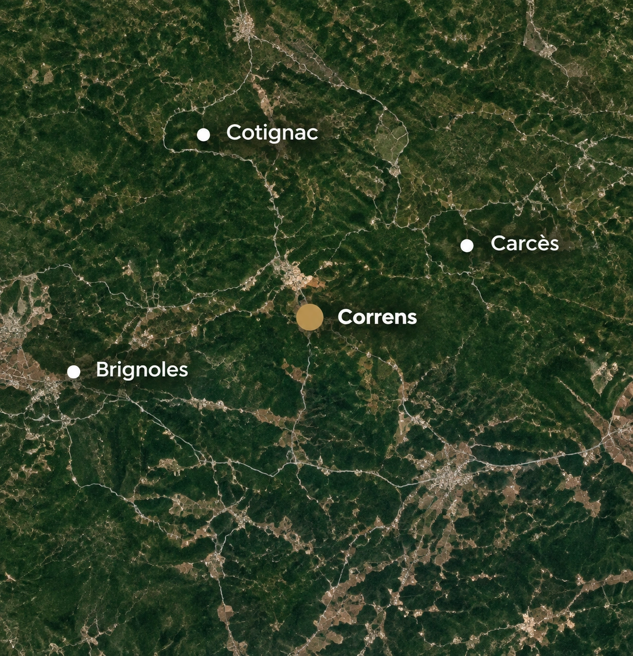 Carte satellite situant Correns entre Cotignac, Carcès et Brignoles en Provence