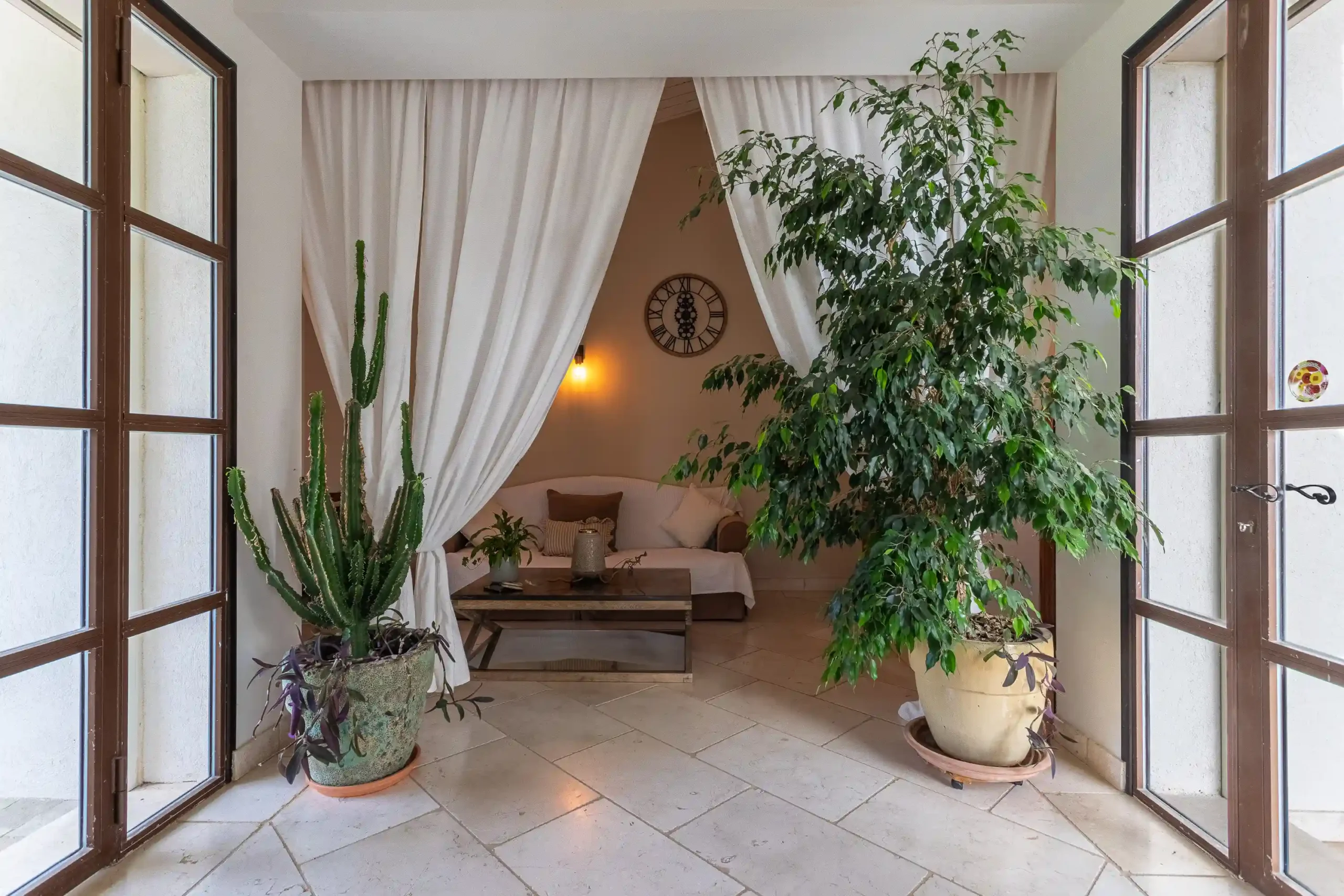 Portes-fenêtres ouvertes sur un salon chaleureux encadré de grandes plantes vertes
