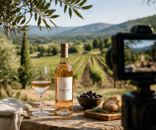 Séance photo d'une bouteille de vin rosé avec un vignoble provençal en arrière-plan