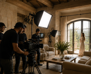 Équipe de tournage filmant dans le salon élégant de la Bastide de Basson