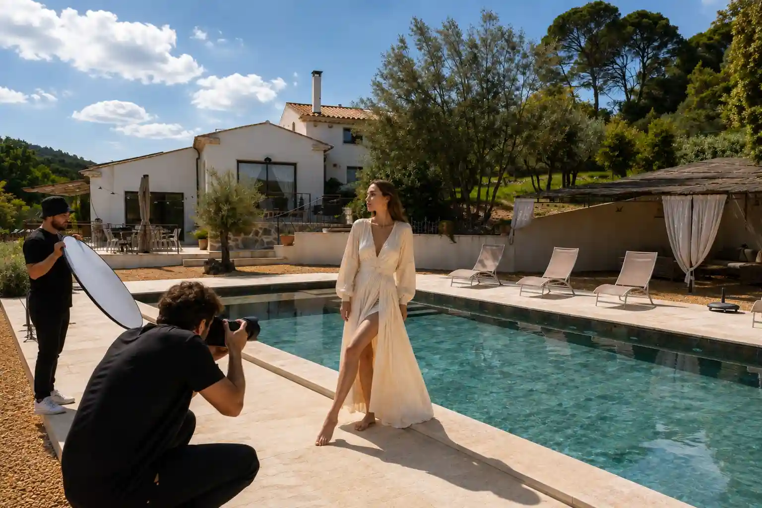 Photographe filmant un modèle en robe blanche au bord de la piscine de la villa