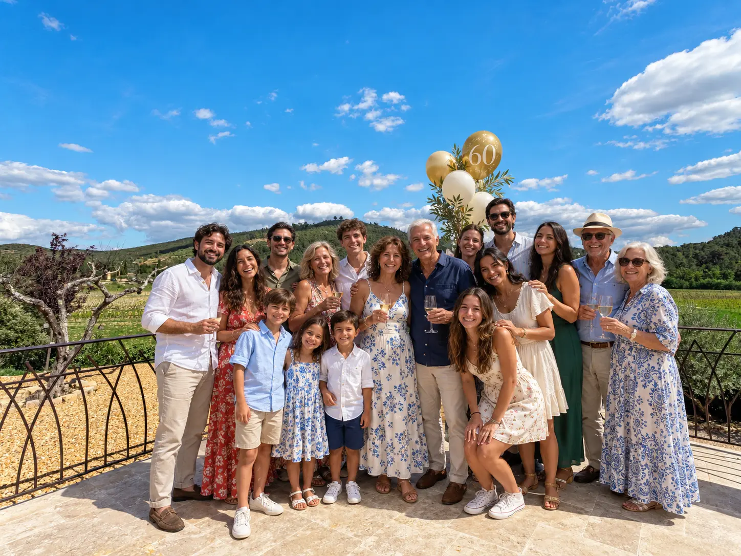 Grande photo de groupe pour un 60e anniversaire champêtre à la Bastide de Basson