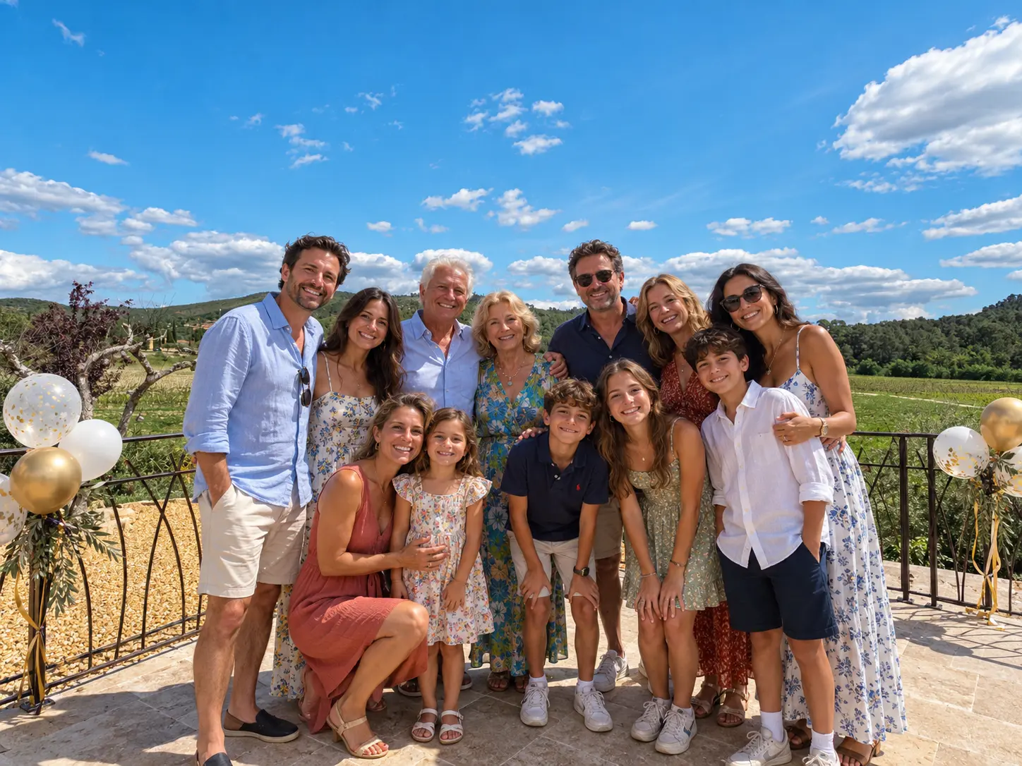 Famille réunie pour un anniversaire sur la terrasse ensoleillée de la Bastide de Basson