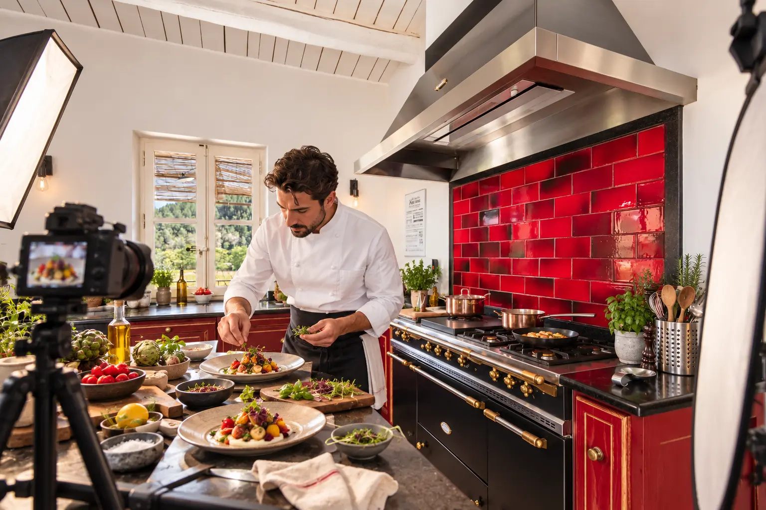 Chef cuisinant dans la cuisine de la Bastide de Basson lors d'un shooting culinaire