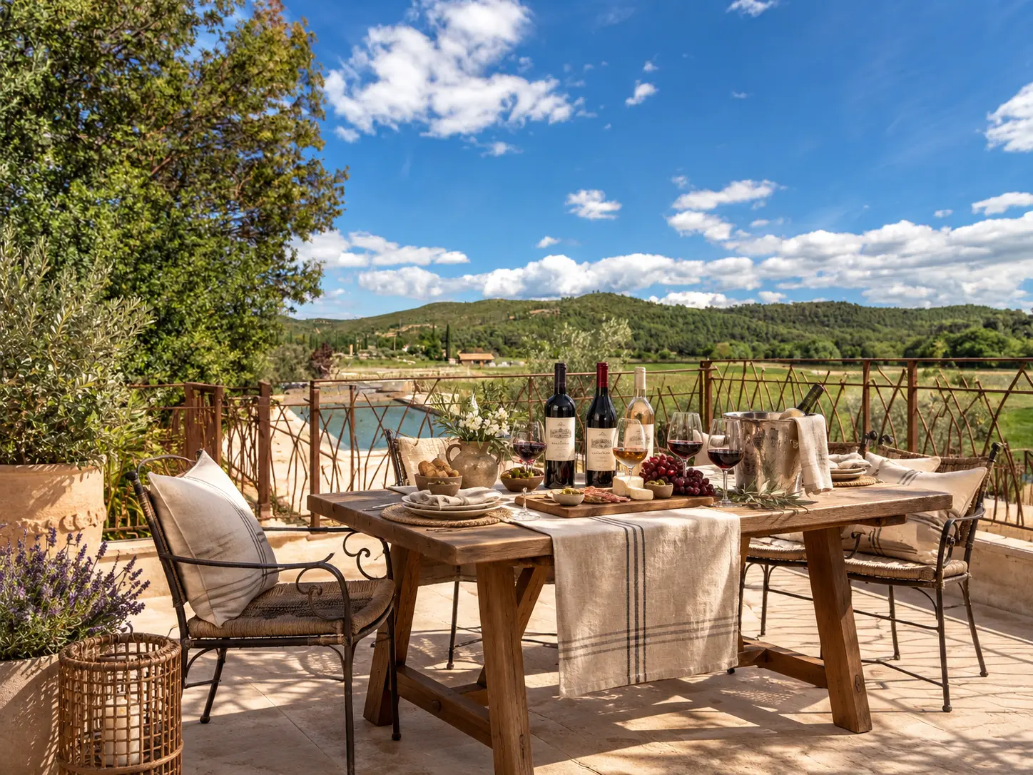 Dégustation de vin sur la terrasse provençale de la Bastide de Basson à Correns