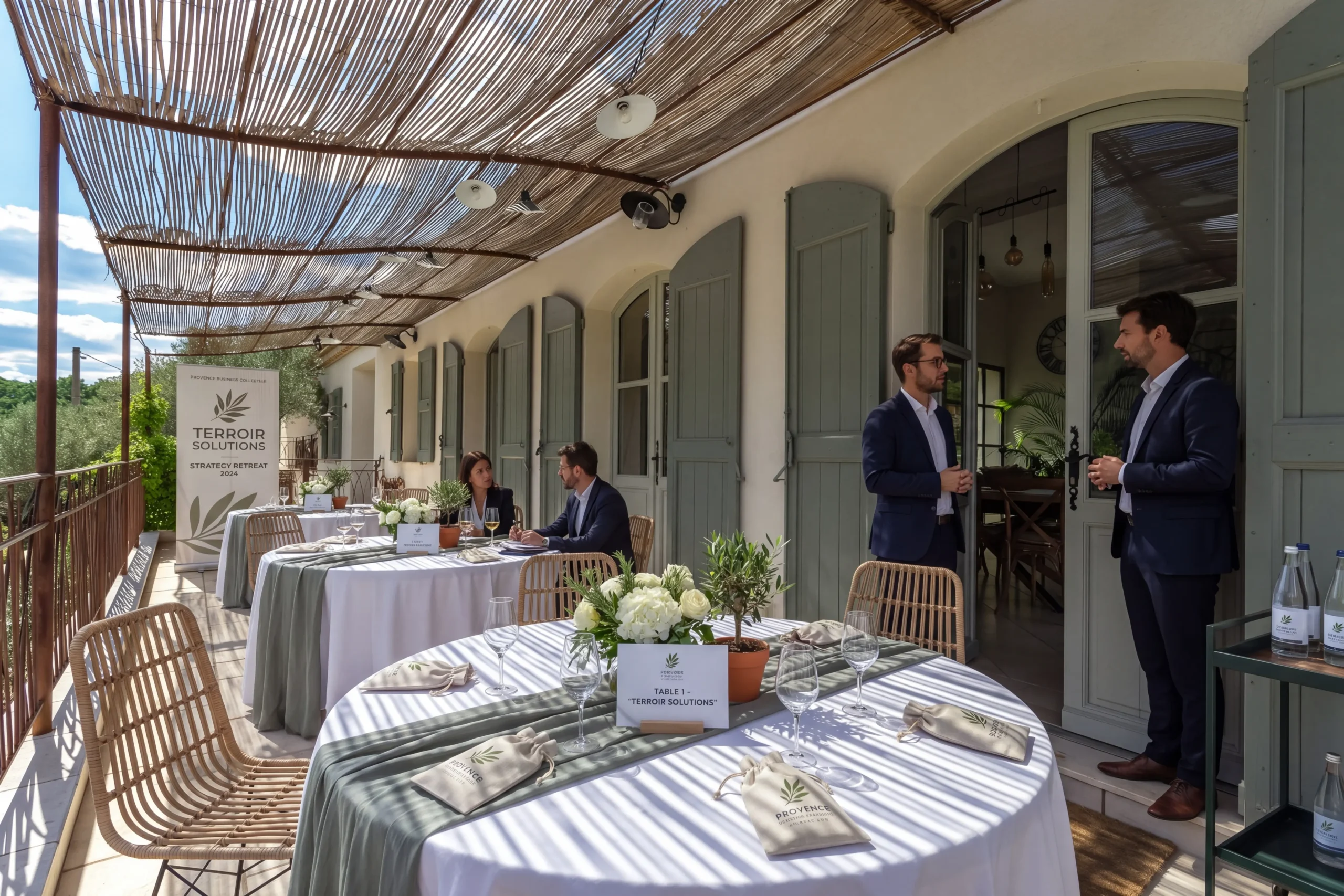 Table à manger extérieure dressée sous une tonnelle couverte devant la bastide en pierre