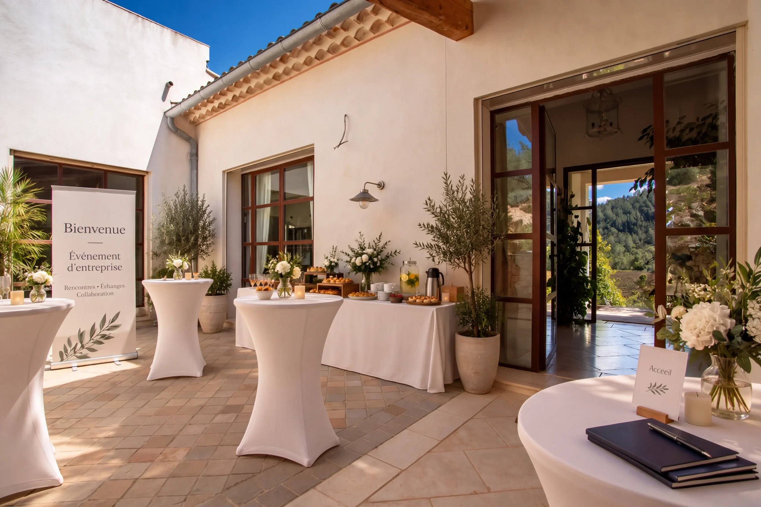 Terrasse couverte avec grande table à manger et transats face à la piscine de la bastide
