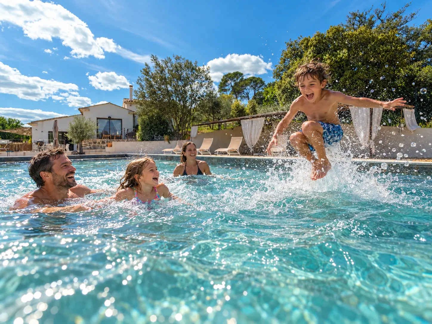 Amis profitant de la piscine de la Bastide de Basson par une belle journée d'été