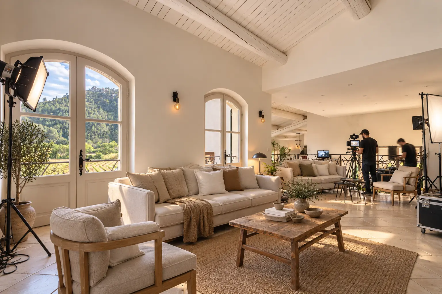 Salon méditerranéen avec canapé beige et décoration naturelle à la Bastide de Basson