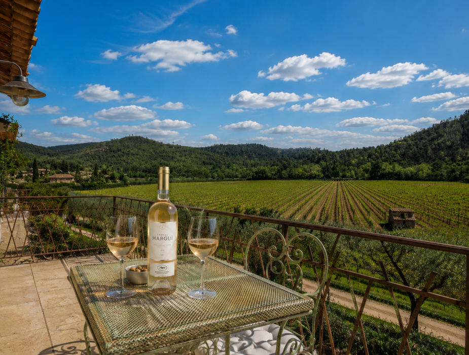 Bouteille de vin rosé et verres sur une table avec vue sur les vignobles