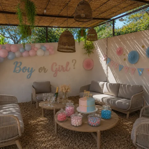 Pergola décorée pour une gender reveal avec arche de ballons et gâteau