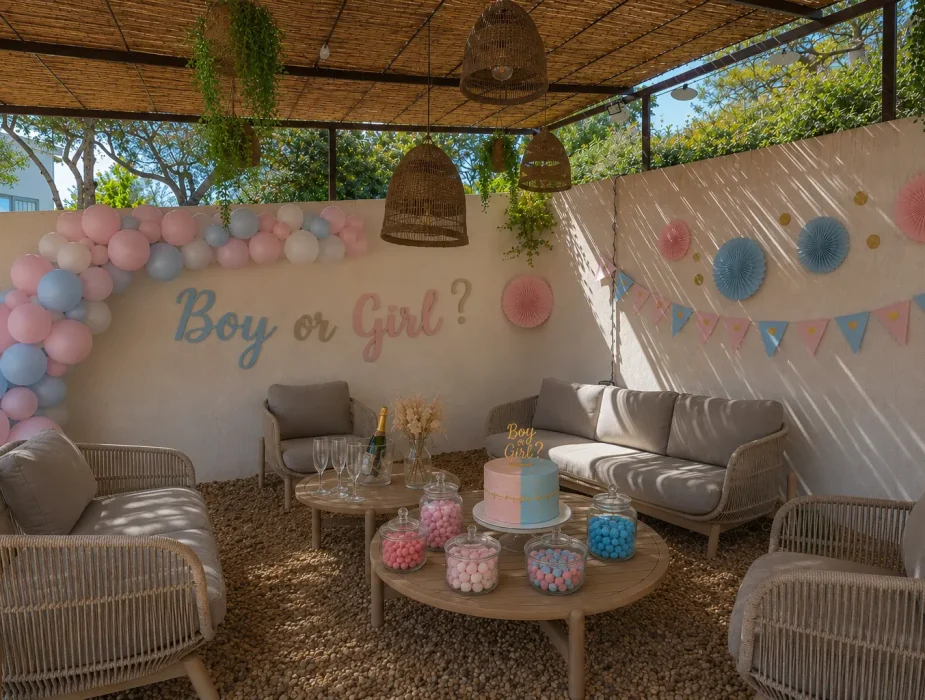 Pergola décorée pour une gender reveal avec arche de ballons et gâteau