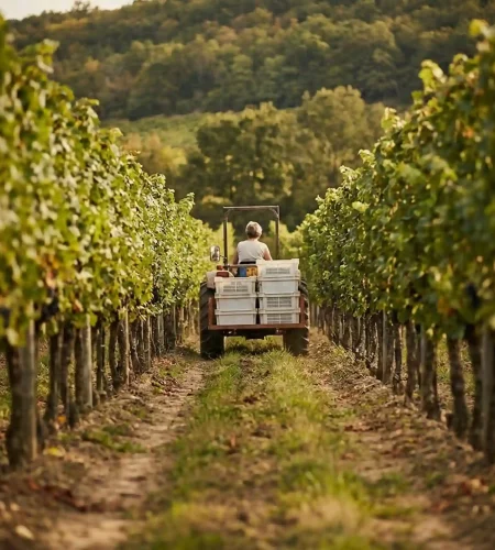 Rangs de vignes avec tracteur transportant des caisses pendant les vendanges