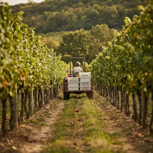 Rangs de vignes avec tracteur transportant des caisses pendant les vendanges