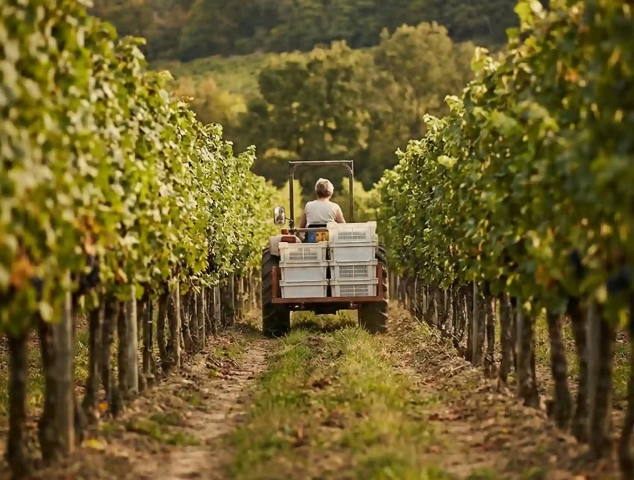 Rangs de vignes avec tracteur transportant des caisses pendant les vendanges